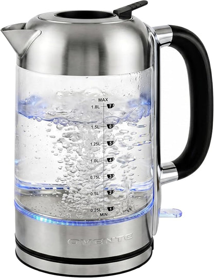 OVENTE Electric Kettle, 1.8L Tea Kettle and Hot Water Boiler For Coffee or Tea, Easy to Fill Lid, Auto Shut-Off, Borosilicate Glass with Stainless Steel Filter, 1500W, BPA Free, Silver KG71S