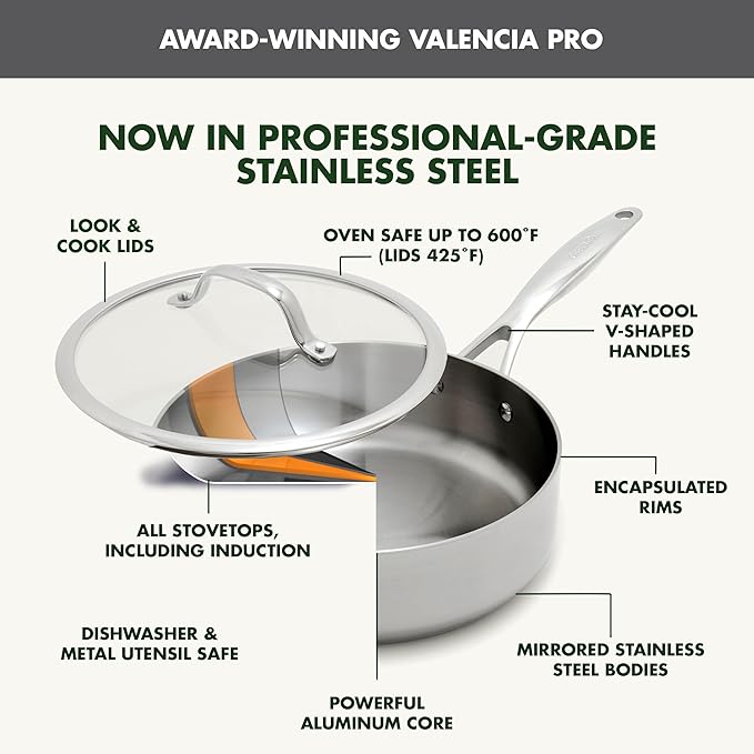 GreenPan Valencia Pro Tri-Ply Stainless Steel 9 Piece Cookware Set, Induction Ready Pots & Pans, Mirror Finish, Dishwasher & Oven/Broiler Safe to 600F, Compatible with All Cooktops