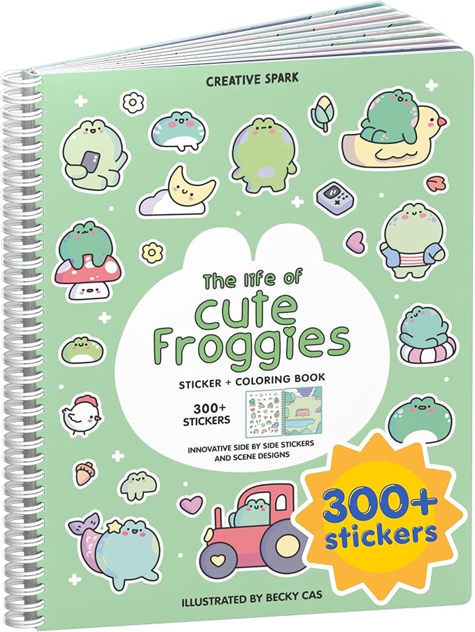 Cute Frogs 300+ Sticker Book by Cupkin Coloring & Sticker Activity Book, 8 Stickers Scenes, Road Trip Essentials, Children's Crafts Toddlers for Ages 2–8 Years, Toddler Airplane Travel Essentials
