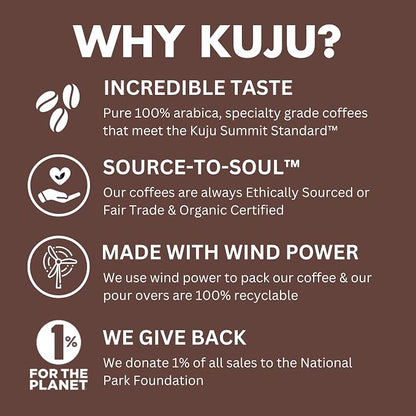 Kuju Coffee Premium Single-Serve Pour Over Coffee | Fair Trade Certified, USDA Organic, Single Origin Coffee, Eco-Friendly | Papua New Guinea - Eastern Highlands, 6-pack