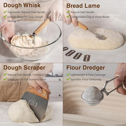 Wood Pulp Banneton Bread Proofing Baskets Set of 2, 11 Inch Oval 750G Sourdough Proofing Basket Kit with Linen Covers, Dough Whisk, Scraper, Bread Lame & Flour Duster, Non-Stick Bread Bowl