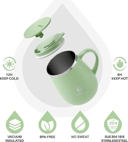 Ideus 16 oz Insulated Coffee Mug with Handle and Lid, Double Wall Stainless Steel Vacuum Thermal Coffee Mug, Travel Coffee Cup Thermal Cup for Home and Office, Avocado Green