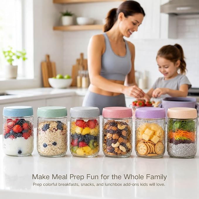 ColoVie 6-Pack Glass Overnight Oats Containers with Airtight Lids - 16oz Decorative Mason Jars for Meal Prep, Chia Seed Pudding, Salad, Snacks & Spice Storage - Wide Mouth, Dishwasher Safe