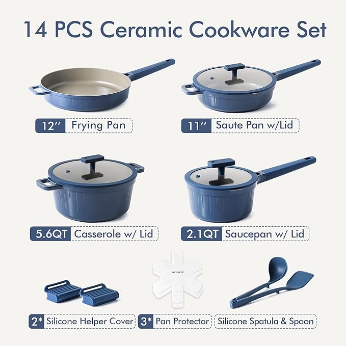 SENSARTE 14 Pcs Pots and Pans Set Nonstick, Non toxic Ceramic Cookware Set with Nanoscale Dense Coating, High Heat Resistant Induction Cookware, Healthy Kitchen Cooking Set, PFOA/PFAS/PTFE Free