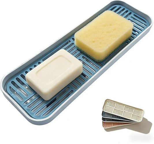 2-in-1 Kitchen Sink Caddy Organizer with Plastic Drain Grate, Double-Layer Drain Sponge Soap Holder & Food Fruit Vegetable Drain Tray for Sink Countertop Home Kitchen Restaurant Hotel, Blue (1 Pack)