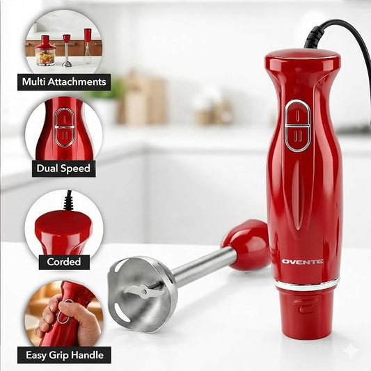 OVENTE Immersion Hand Blender Set, 300W Electric Handheld Stick Mixer, 2 Mixing Speeds with Stainless Steel Blades, Egg Whisk, Beaker & BPA-Free Food Chopper, Red HS565R