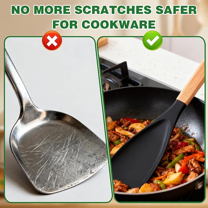 3Pack Cedar and Ash Spoonula–Multi Function Spatula Cooking Spoon with Wooden Handle,Heat Resistant & Nonstick Kitchen Utensils Safe Silicone Head Spoon for Mixing,Stirring,Scooping,Flipping,Serving