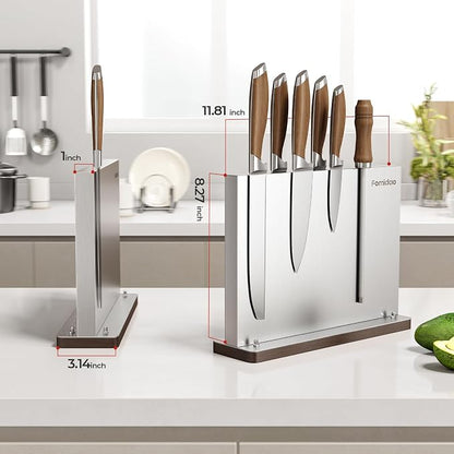 Magnetic Knife Block Without Knives,Stainless Steel Magnetic Knife Holder Rack for Kitchen Counter,Strong Double Sided Magnet Knife Storage Stand with Wood Base