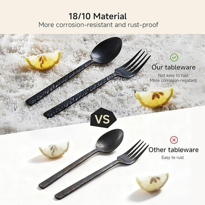 KINGSTONE 60 Pcs Black Hammered Silverware Set for 12, 18/10 Stainless Steel Heavy Duty Flatware Set, Tableware Cutlery Utensil Sets for Home Restaurant Dishwasher Safe