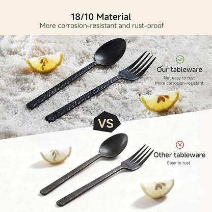 KINGSTONE 40 Pcs Black Hammered Silverware Set for 8, 18/10 Stainless Steel Heavy Duty Flatware Set, Tableware Cutlery Utensil Sets for Home Restaurant Dishwasher Safe