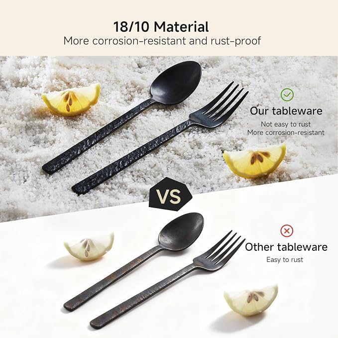 KINGSTONE 30 Pcs Black Hammered Silverware Set for 6, 18/10 Stainless Steel Heavy Duty Flatware Set, Tableware Cutlery Utensil Sets for Home Restaurant Dishwasher Safe