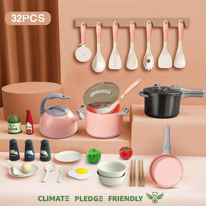Bruvoalon 32Pcs Kids Play Kitchen Toys Set, Toddlers Pretend Cooking Playset Acccessories with Pots Pans, Utensils Cookware, Foods, Canned Veges, Learning Gift for Kids Girls Boys (Pink)