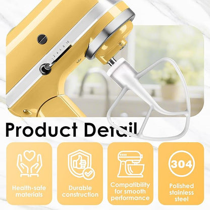 3-Piece Mixer Attachment Kit for KitchenAid 4.5/5 QT Tilt-Head Mixers, Stainless Steel K45WW Wire Whip, K45DH Dough Hook & K45B Coated Flat Beater, Baking Essentials Set, Dishwasher Safe