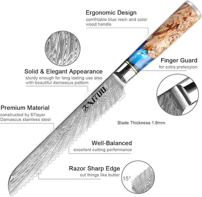 XITUO Damascus Serrated Bread Knife - VG10 Serrated Knife for Homemade Bread - Japanese Blue Resin & Wooden Handle - Slicer Knives for Sourdough Baguette - with Gift Box