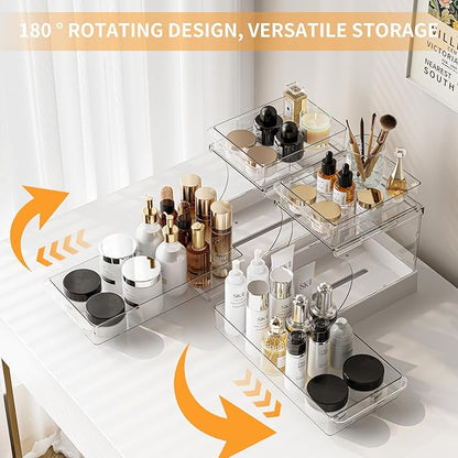 Jsyrjing Pull Out Spice Rack, 2 Tier Clear Cabinet Organizer for Kitchen and Bathroom Storage, Rotating Pantry Organizer and Makeup Organizer for Drawer, Durable Design, 2 Pack Under Sink Organizer
