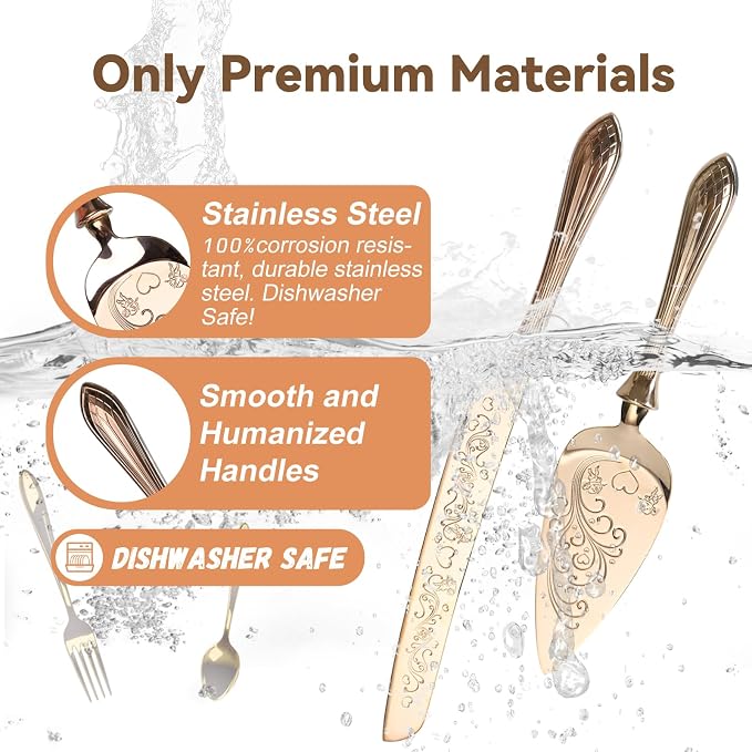 KSENDALO Elegant Wedding Cake Knife and Server Set with Hollow Handle, Rose Gold Serrated Knife Cake Cutting Set, 18/8 Stainless Steel Pie Server for Weddings, Birthdays & Anniversary,13.78inch Long