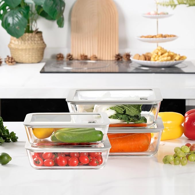 Glass Food Containers with Glass Lid, Microwave Safe Food Storage Container Set, 2 Pack of 48oz, Large Size Meal Prep Storage Set with Airtight Leak Proof Lid.