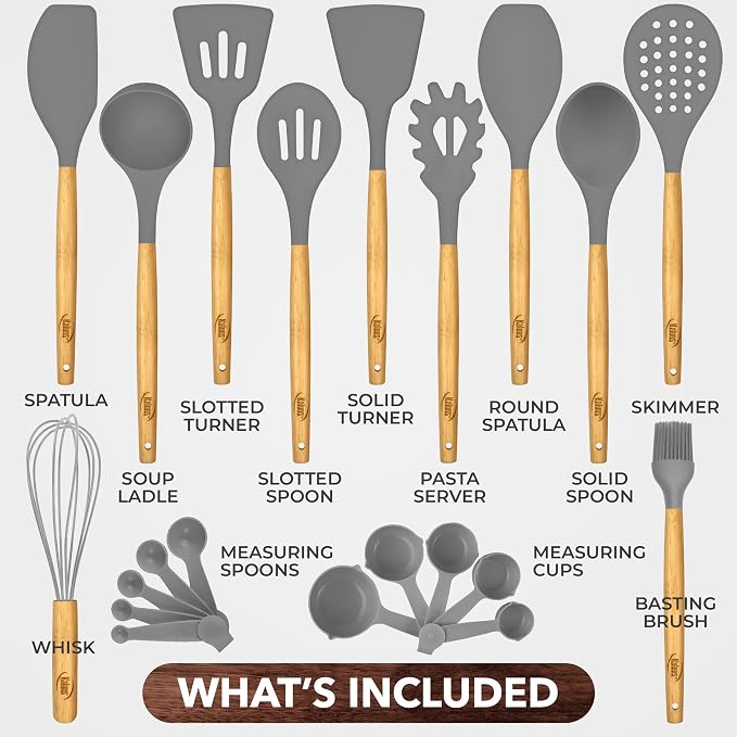 Kitchen Utensils Set, 21 Wood and Silicone Cooking Utensil Set, Non-Stick and Heat Resistant Kitchen Utensil Set, Kitchen Tools