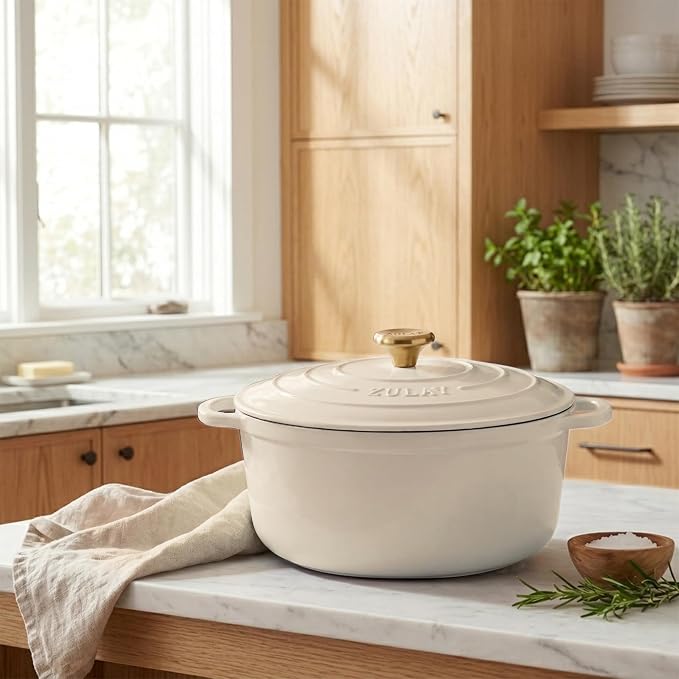 Zulay Kitchen 6.4QT Enameled Cast Iron Dutch Oven Pot with Lid, Heavy-Duty Soup Pot for Stews, Braising, Roasting & Sourdough Bread Baking, Oven Safe up to 500°F - Ivory