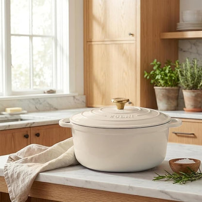 Zulay Kitchen 5 Quart Enameled Cast Iron Dutch Oven Pot with Lid – Premium Durability & Oven Safe up to 500°F – Heavy Duty Cookware Perfect for Bread Baking, Stews, Braising & Roasting – Ivory