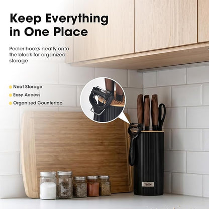 Knife Set, Kitchen Knife Set with Block, 7 Pcs Kitchen Knife Set with 3-in-1 Peeler, Knife Block Set Compact Stainless Steel Knives with Wood Grain Finish Handles, Space Saving Kitchen Essentials