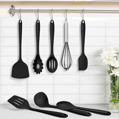 TeamFar Silicone Cooking Utensils Set, 8 PCS Kitchen Utensils Set, 446°F Heat Resistant, Turner, Spatula, Spoon, Whisk, Kitchen Cooking Gadgets Tools for Nonstick Cookware, Dishwasher Safe-Black