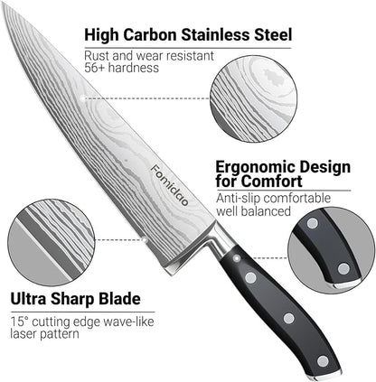 2PCS Chef Knife Set, Razor Sharp Japanese Kitchen Knife Set, High Carbon Steel Damascus Pattern Chef's knives, Cooking Knife with Full Tang Handle Design for Home Kitchen