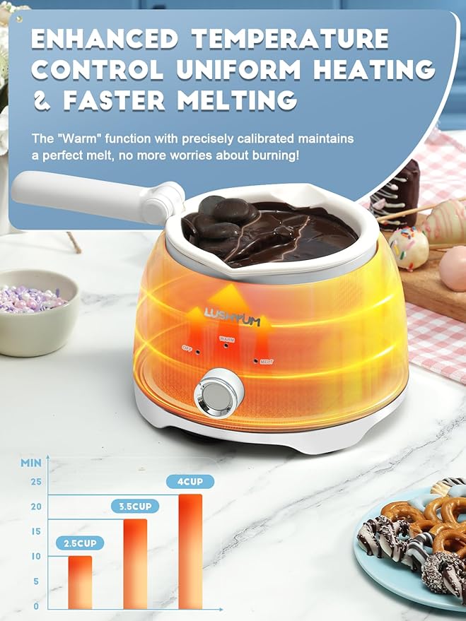 LUSHYUM Chocolate Melting Pot Candy Melts Melter with 2 Insert Pots and Spatula, 4 Cups Capacity Warmer Machine, Ideal Dipping Tool Kitchen Supplies for Making Cake Pop Covered Strawberries Fondue