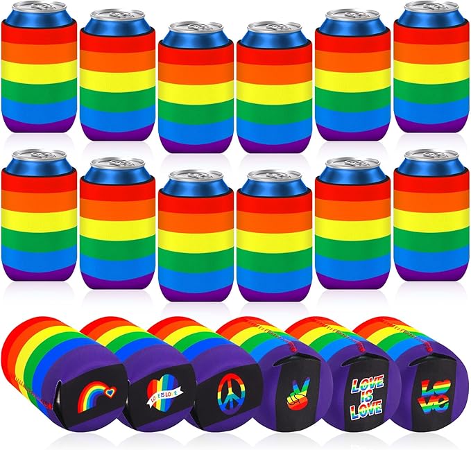 18 Pack Pride Rainbow Can Cooler Sleeves Beer Drink Can Bottle Cooler Sleeves Cooler Collapsible for Pride LGBT Bisexual Parades Decorations Party Favors Accessories