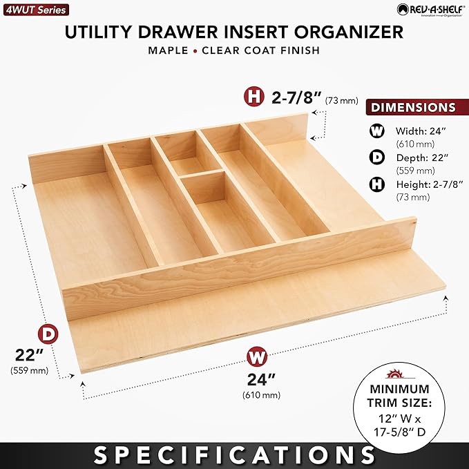 Rev-A-Shelf Trim-to-Custom-Fit Silverware Drawer Organizer For Kitchen Utensils, Cutlery Cabinet Storage Divider Insert, 23.98 x 21.97 In, Maple Wood, 4WUT-3