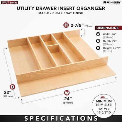 Rev-A-Shelf Trim-to-Custom-Fit Silverware Drawer Organizer For Kitchen Utensils, Cutlery Cabinet Storage Divider Insert, 23.98 x 21.97 In, Maple Wood, 4WUT-3