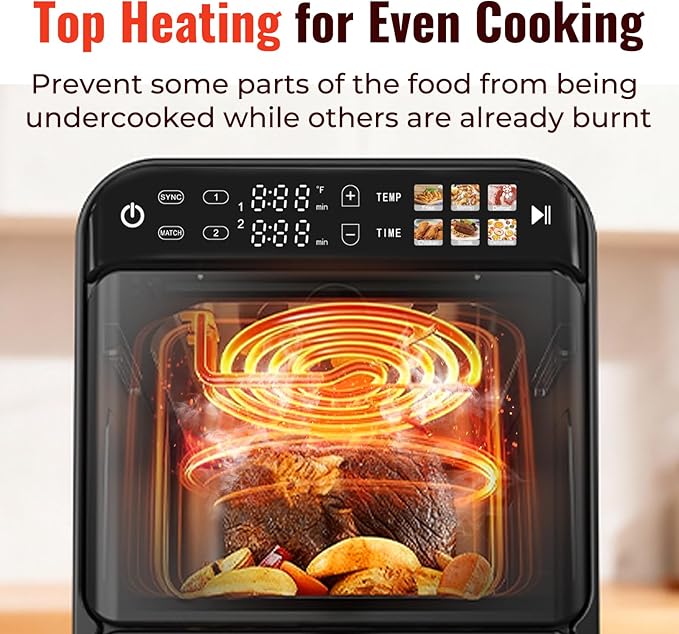 【Upgrade】Air Fryer, Dual Basket Air Fryers, 12QT Double Air Fryer with 2 Stacked Racks, Large Family Size, Touchscreen Controls, 6-in-1 Presets, Roast, Sync & Match Functions, Dishwasher-Safe Parts