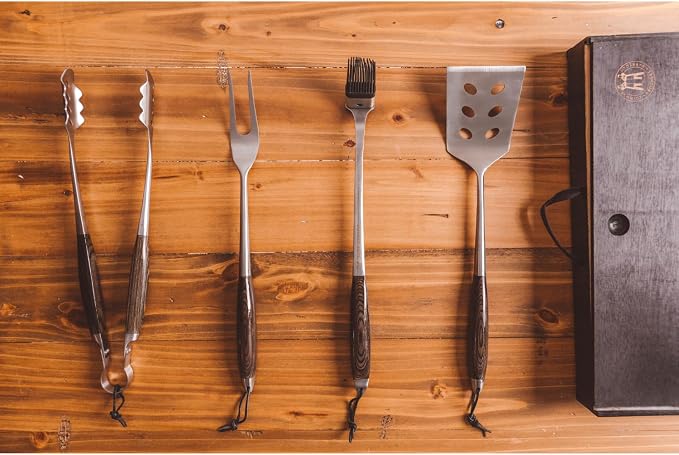 Schmidt Brothers - BBQ Carbon 6, 4-Piece Grilling Accessory Set, Full-Forged Stainless Steel Grilling Utensils Including Spatula, Fork, Basting Brush, and Tongs with All Wood Handles
