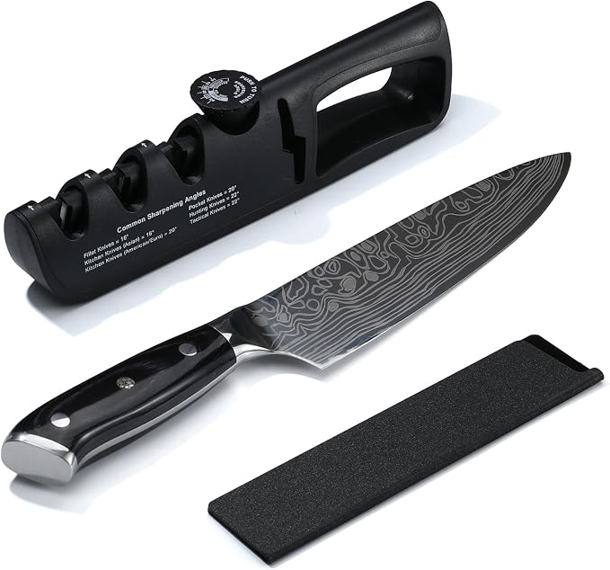 DARK EDGE 3PCS Kitchen Knives Set, 8 Inch Chef Knife with Black Sharpener and Blade Guard, Professional Kitchen Chef's Knife Set 06