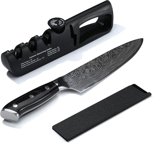DARK EDGE 3PCS Kitchen Knives Set, 8 Inch Chef Knife with Black Sharpener and Blade Guard, Professional Kitchen Chef's Knife Set 06