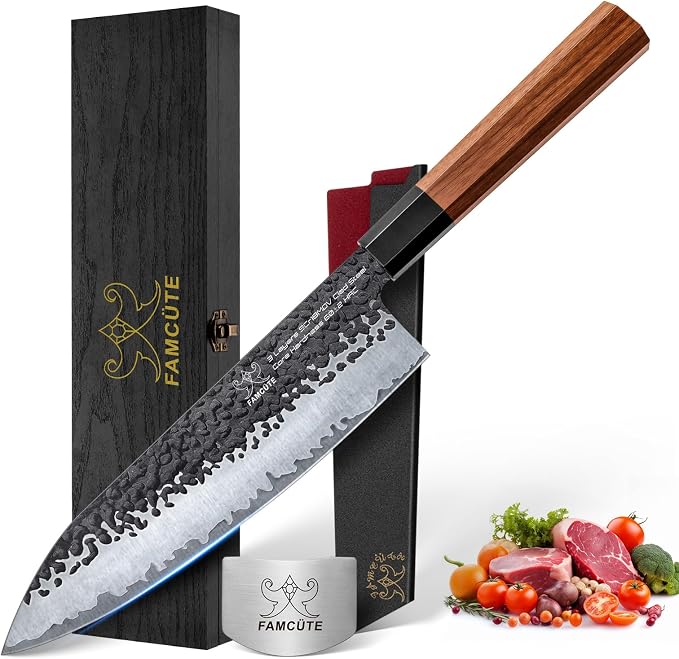 FAMCÜTE 8‘’ Japanese Knife, Hand-Forged Chef Knife with 5-Layer 9CR18MOV HC Steel and Ultra Sharp Non-Slip Rosewood Handle Kitchen Knife, Gift for People Who Love to Cook in Sandalwood Box