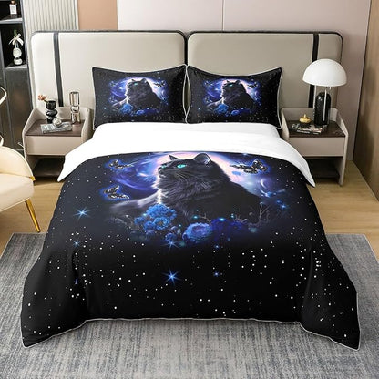 Castle Fairy Full Size Duvet Cover Set Mysterious Cat Butterfly Comforter Cover Set 100% Pure Cotton Blue Galaxy Duvet Cover Set Fantasy Starry Sky Bedding Set 3 Pcs(Not Comforter)