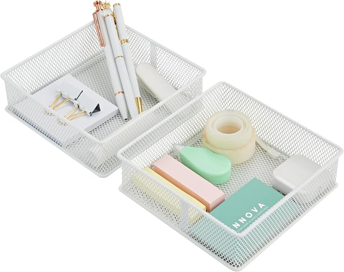 Annova Mesh Stackable Drawer Cabinet and Shelf Organizer Bins Storage Basket School Office Supply Holder Tray- Set of 2 (White, 6x6x2 Inch)