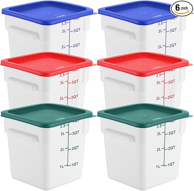 Ziliny 6 Pieces 4 Quart Commercial Food Storage Containers with Lid Translucent Container with 3 Color Lids for Freezer Flour Sugar Baking Bread Restaurant, Square