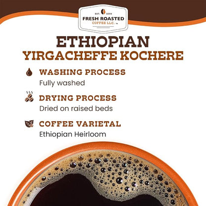 Fresh Roasted Coffee, Dark Ethiopian Yirgacheffe Kochere Drip Ground Coffee, Dark Roast, Kosher, 12 oz