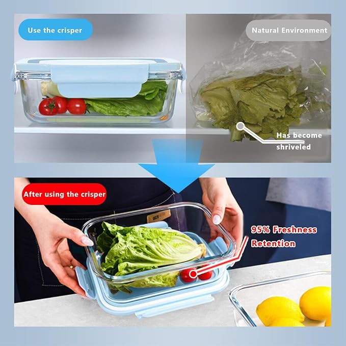 Glass Food Storage Containers with Lids, Airtight Meal Prep Containers, 4 Pack Set with Multiple Sizes (Blue)