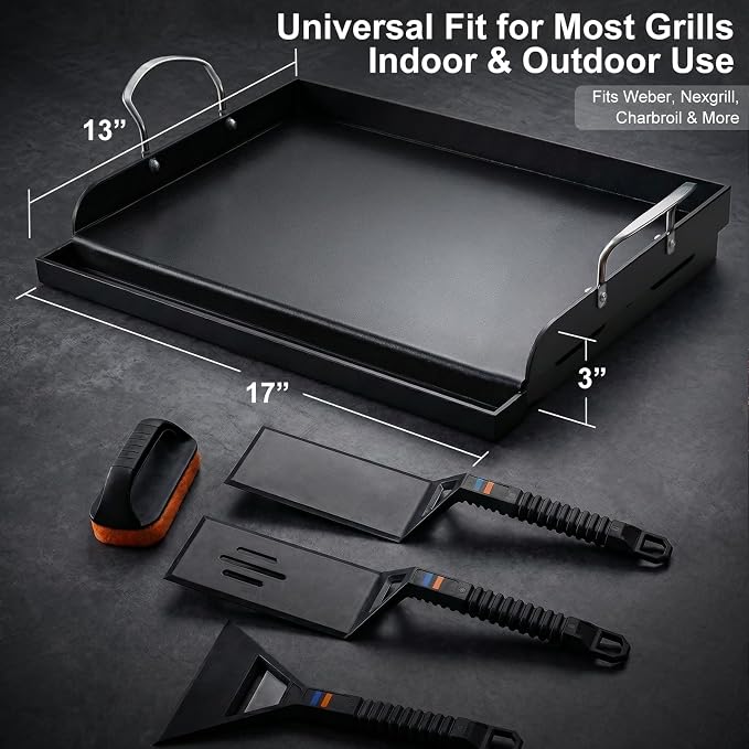 Cast Iron Griddle for Gas Grill with 5-Piece Griddle Tool Kit, 17" x 13" Nonstick Grill Griddle Plate for Stove Top & Charcoal Grill, 6-Piece Flat Top Grill Accessories Set
