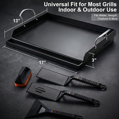 Cast Iron Griddle for Gas Grill with 5-Piece Griddle Tool Kit, 17" x 13" Nonstick Grill Griddle Plate for Stove Top & Charcoal Grill, 6-Piece Flat Top Grill Accessories Set