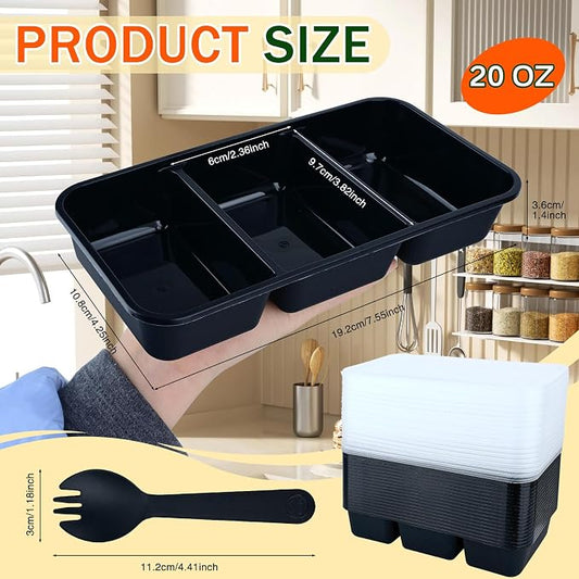 20 Sets Reusable Snack Containers Meal Prep Containers 3 Compartment Condiment Container With Lids Snackle Box Container Portion Control for Refrigeration Sauce,Outdoor Takeaway,Travel(Black)