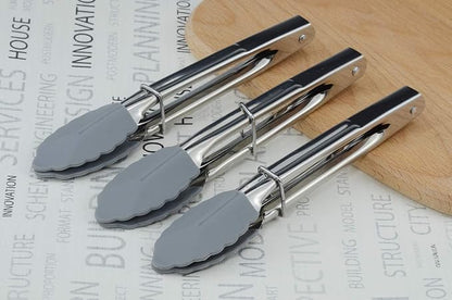 HINMAY 7 Inch Silicone Utility Tong Kitchen Tongs, Set of 3 (Gray) | 7 Inch Metal Salad Tongs
