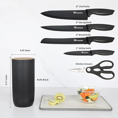 6-Piece Black Kitchen Knife Set with Block - Non-stick Stainless Steel, Anti-Rust Knives for Cooking, Slicing & Baking, Perfect for Home Chefs & Culinary Enthusiasts