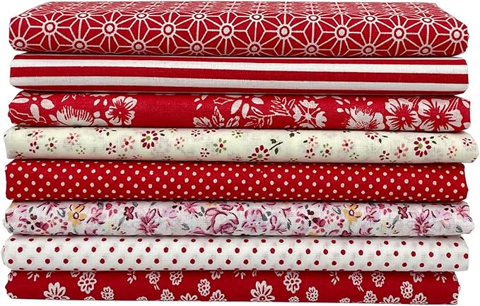 8Pcs Cotton Fabric Squares 20x20 Inch, Sewing Crafts Fabric Bundles Floral Patterns Printed Tissue Patchwork Fabrics Square for Quilting, Home Décor, Scrapbooking, Handwork (Red)