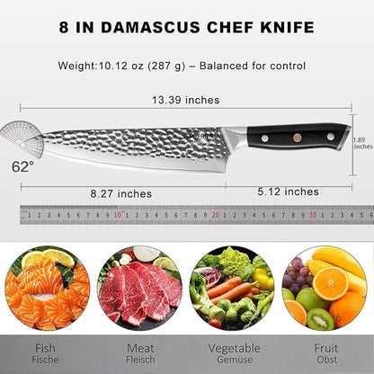 Chef's Knives 8 Inch,VG-10 Core with Damascus Stainless Steel Cladding,High Carbon Super Steel with Full Tang G10 Handle,Professional Japanese chef Knife for Home & Restaurant Includes Gift Grindstone