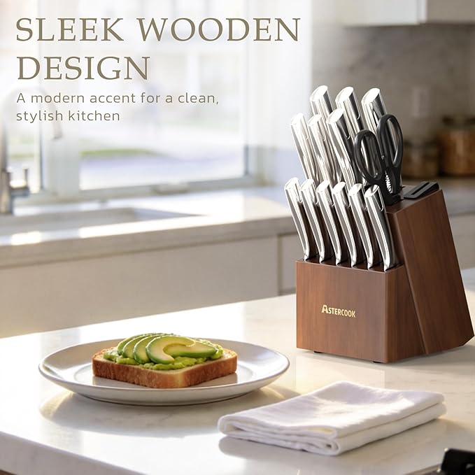 Astercook Knife Set, Kitchen Knives Set with Block and Sharpener Full Tang 15 Pcs Stainless Steel Knives, Dishwasher Safe Knife Set with Anti-slip Ergonomic Handle, Walnut, Fathers Day Gift for Men