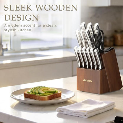 Astercook Knife Set, Kitchen Knives Set with Block and Sharpener Full Tang 15 Pcs Stainless Steel Knives, Dishwasher Safe Knife Set with Anti-slip Ergonomic Handle, Walnut, Fathers Day Gift for Men